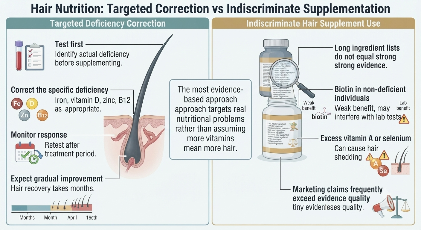 Summary diagram comparing targeted deficiency correction vs indiscriminate hair supplement use