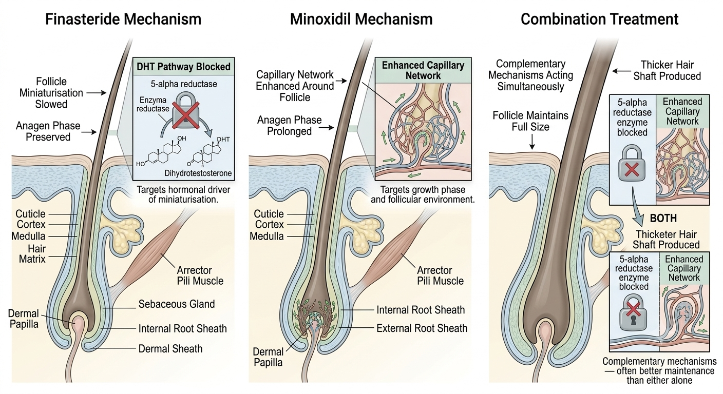 Comparison diagram of finasteride and minoxidil mechanisms and combined use
