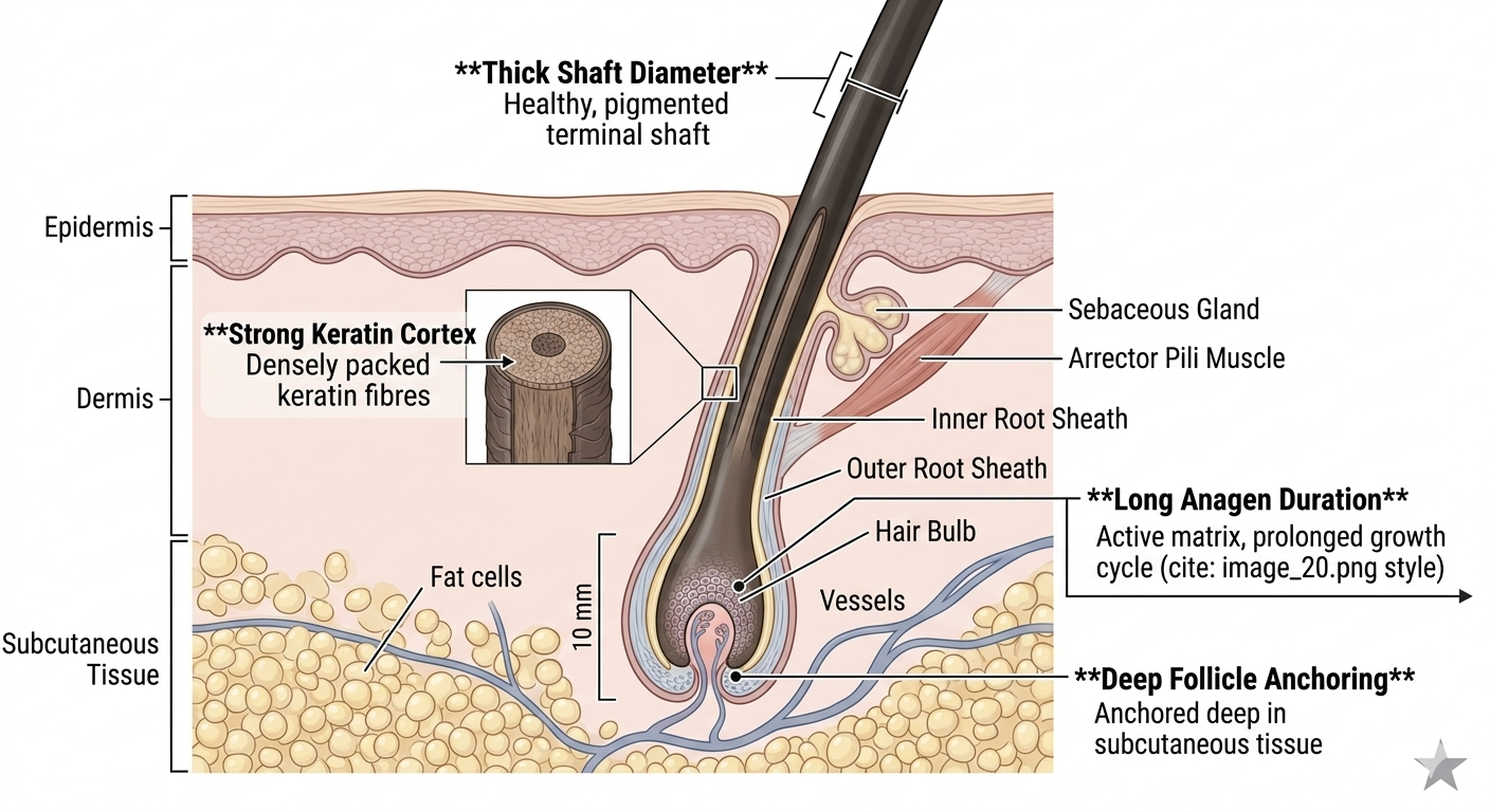 Anatomical diagram of a healthy terminal follicle and its hair shaft properties
