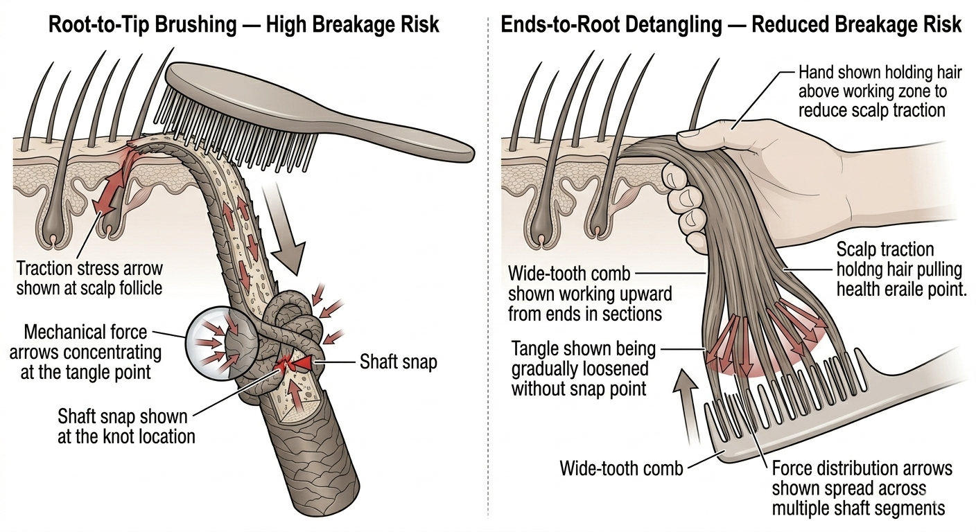 Diagram comparing root-to-tip vs ends-to-root detangling and shaft stress
