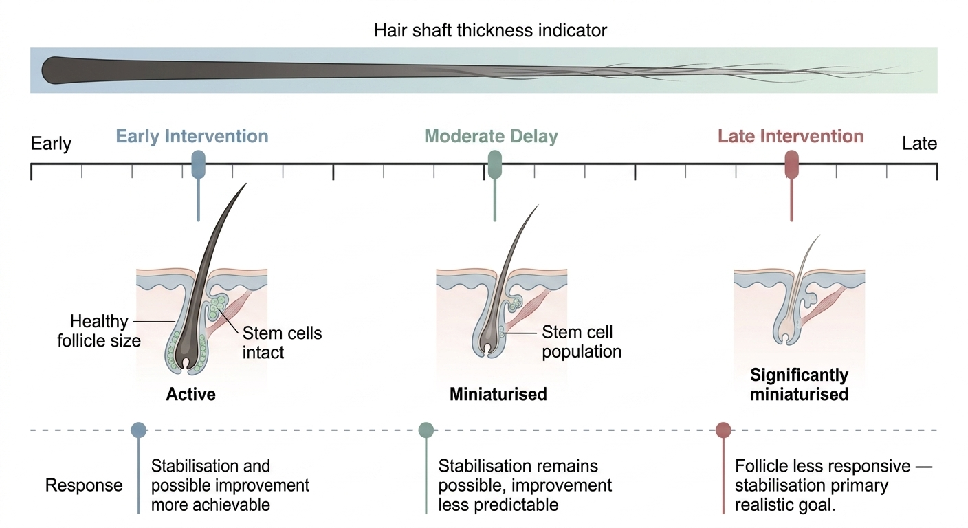 Timeline diagram showing follicle responsiveness declining with delayed treatment