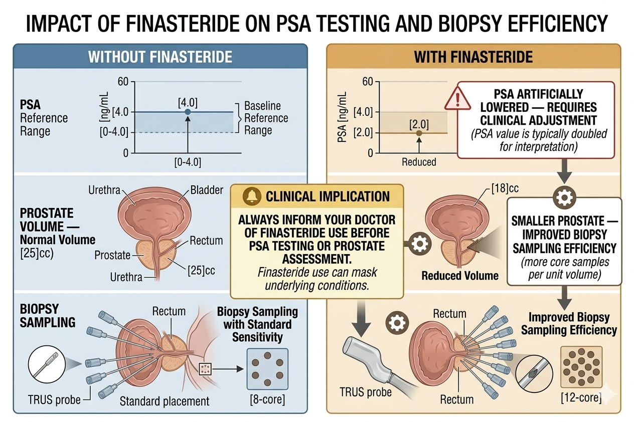 Diagram showing how finasteride affects PSA levels and clinical interpretation