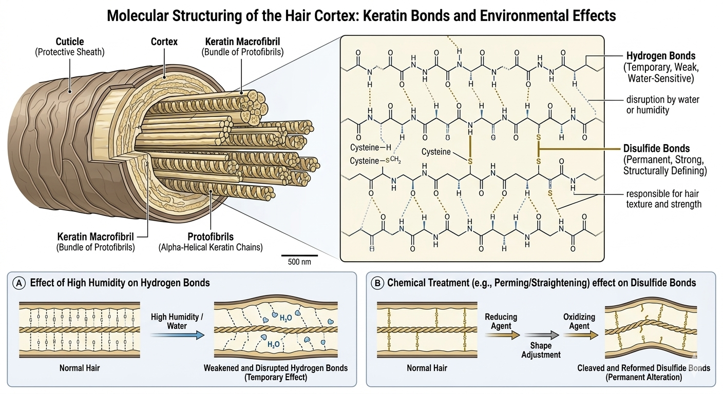 Molecular diagram of hydrogen and disulfide bonds within the hair shaft