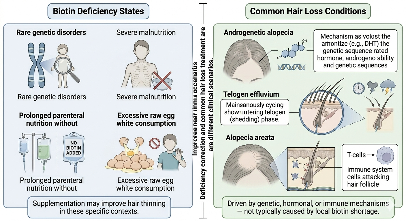 Diagram distinguishing biotin deficiency states from common hair loss conditions
