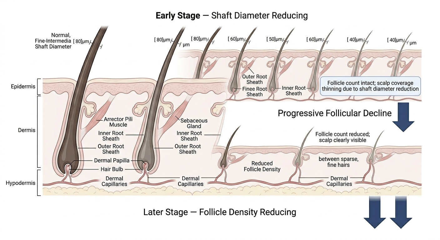 Diagram showing shaft diameter reduction preceding follicle density loss