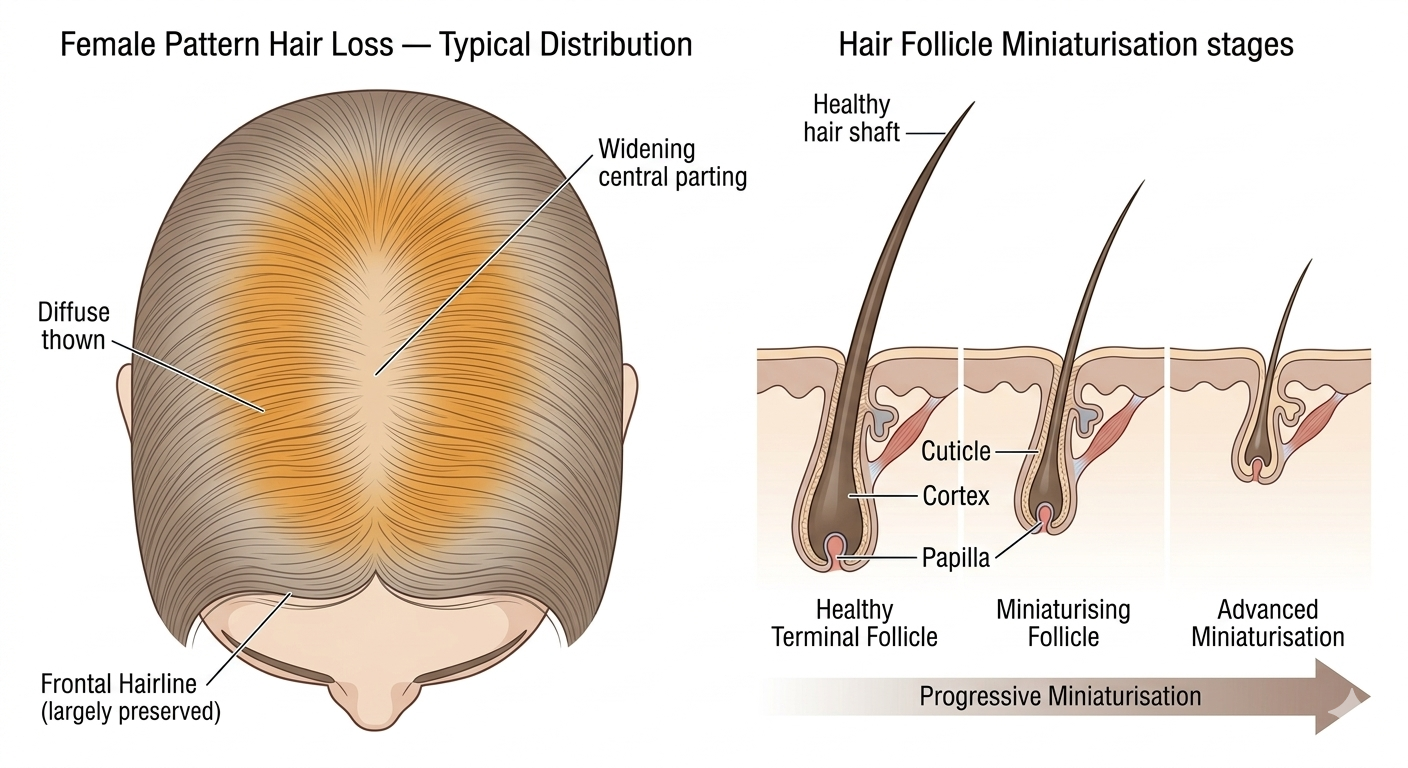 Diagram of female pattern hair loss distribution and follicular miniaturisation
