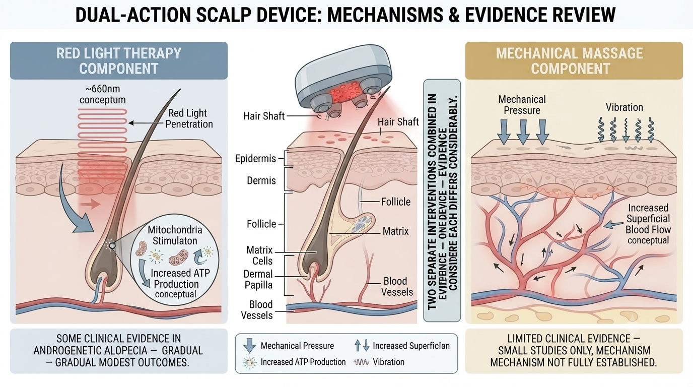 Diagram separating the two biological mechanisms — red light and mechanical massage — and their distinct evidence bases