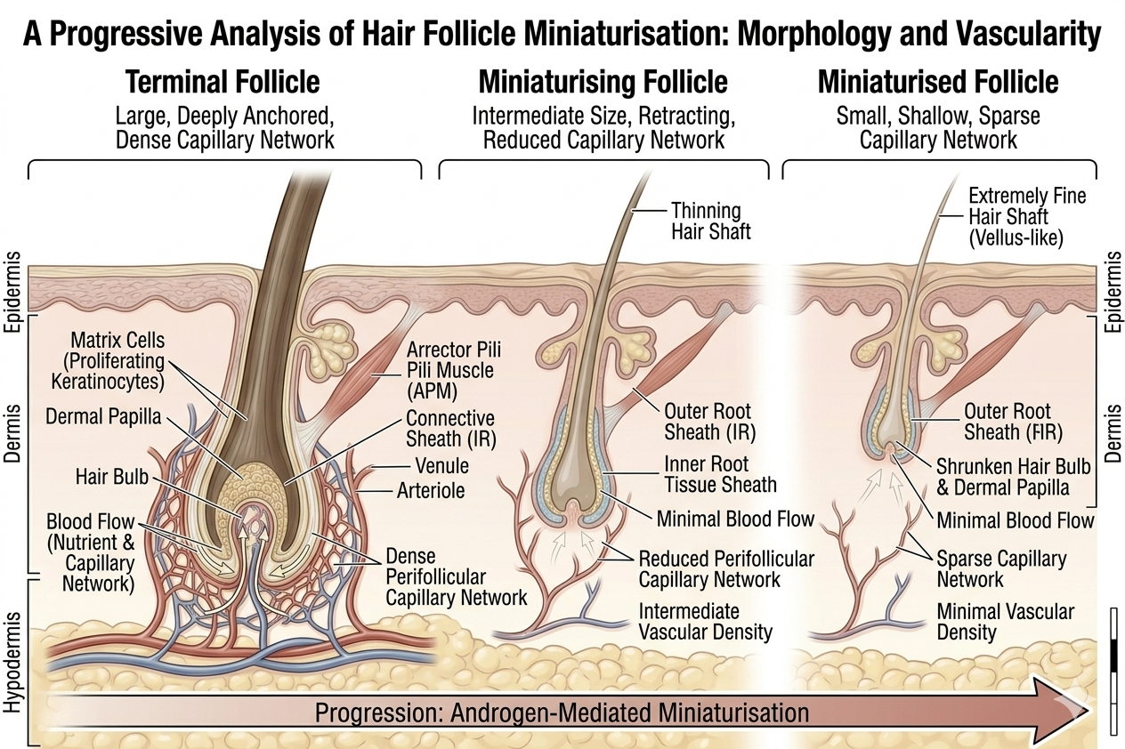 Progressive diagram showing vascular reduction alongside follicle miniaturisation