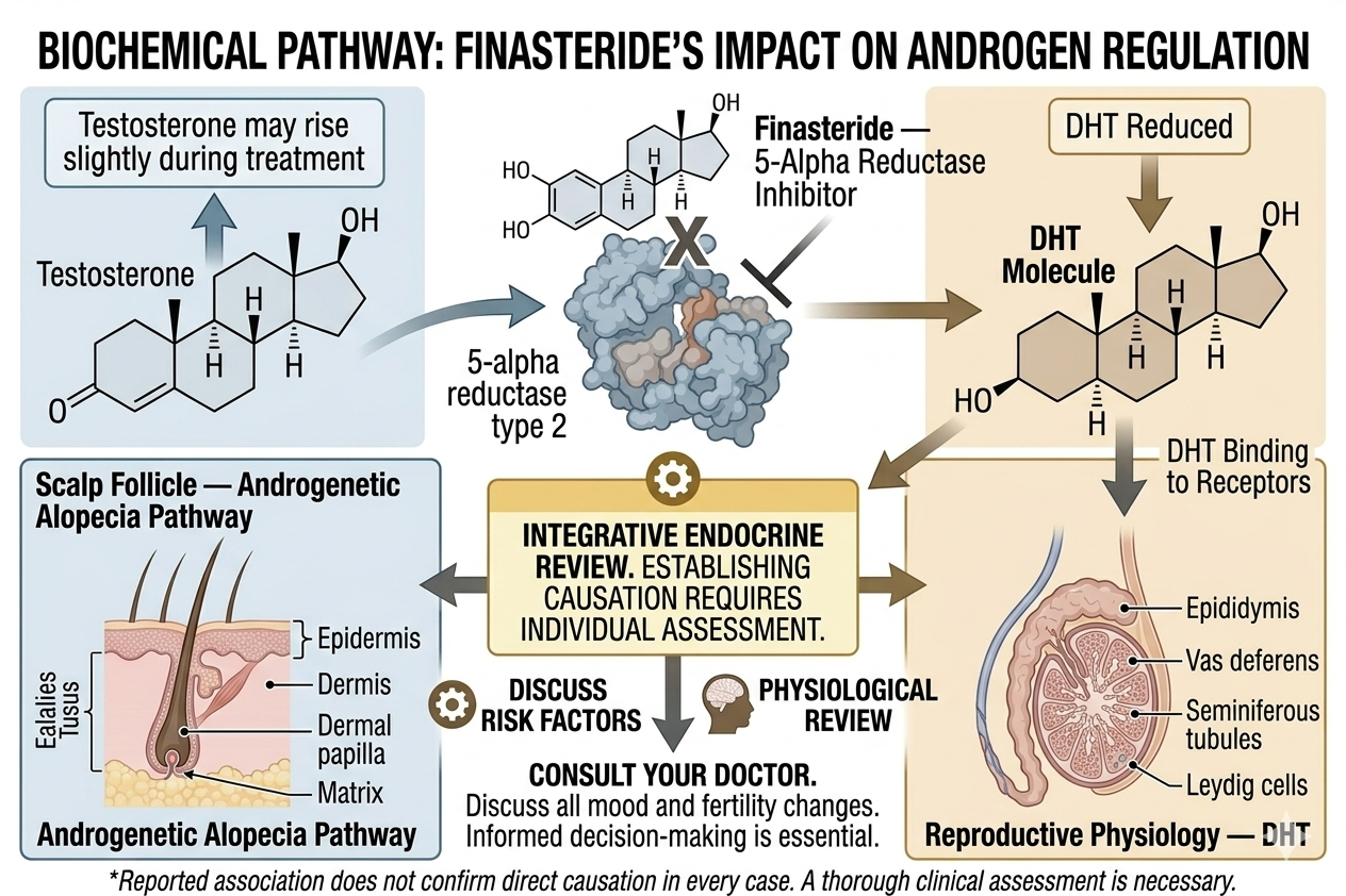Diagram of finasteride's hormonal mechanism and its relationship to reproductive physiology