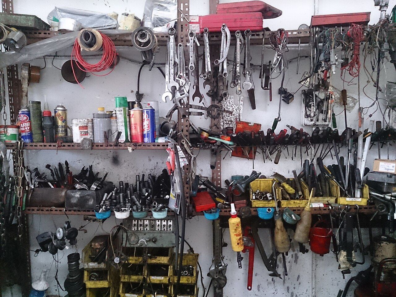 Tools arranged in an automotive workshop