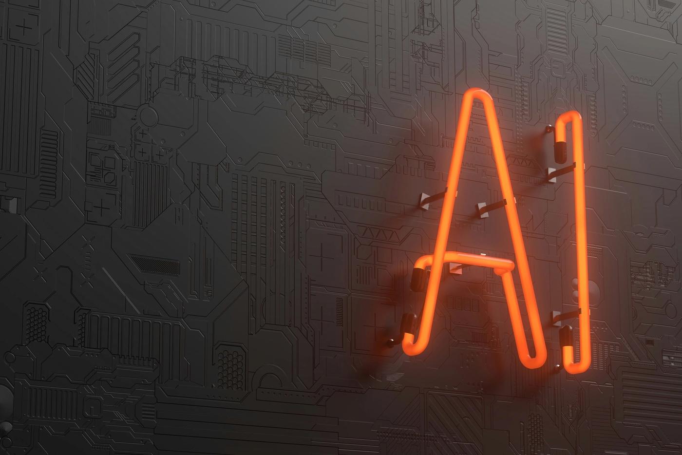 Orange neon AI sign on a dark circuit-board wall