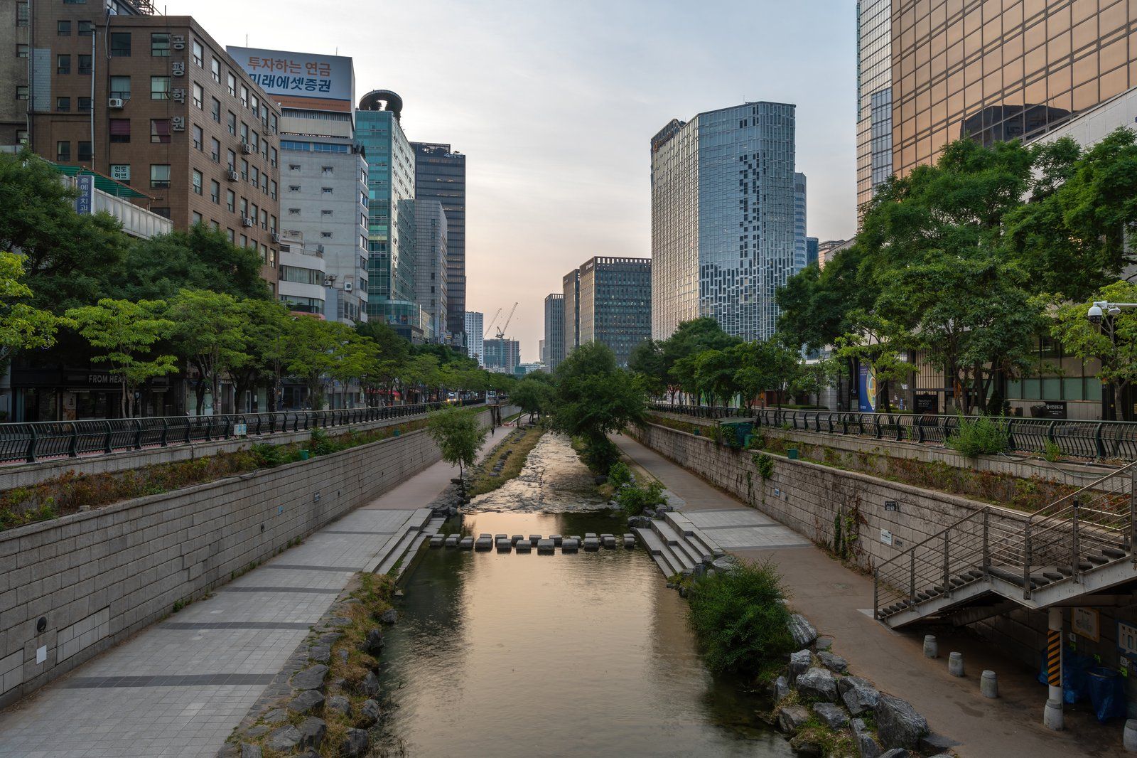 Suối Cheonggyecheon xanh mát chảy giữa lòng phố Seoul lúc bình minh
