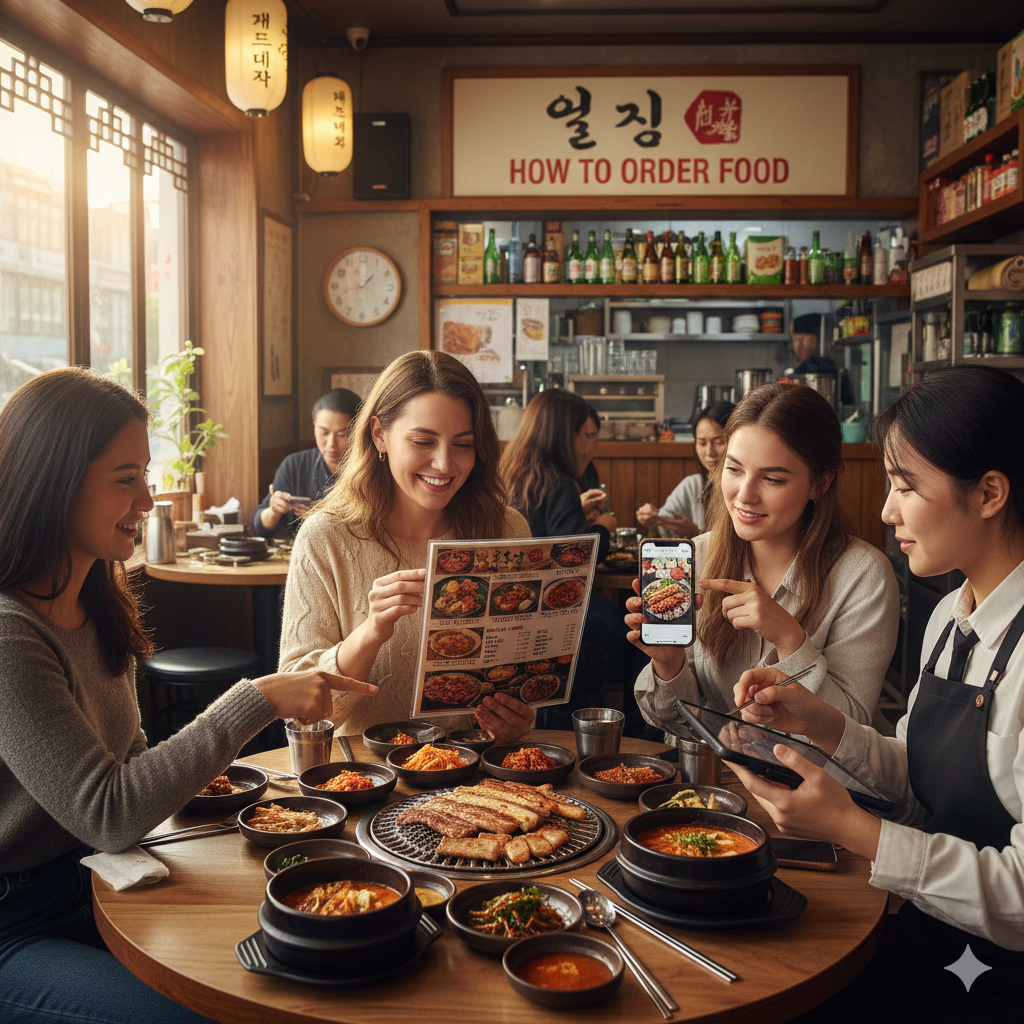 Mâm ẩm thực Hàn Quốc bày biện - bối cảnh gọi món ở nhà hàng