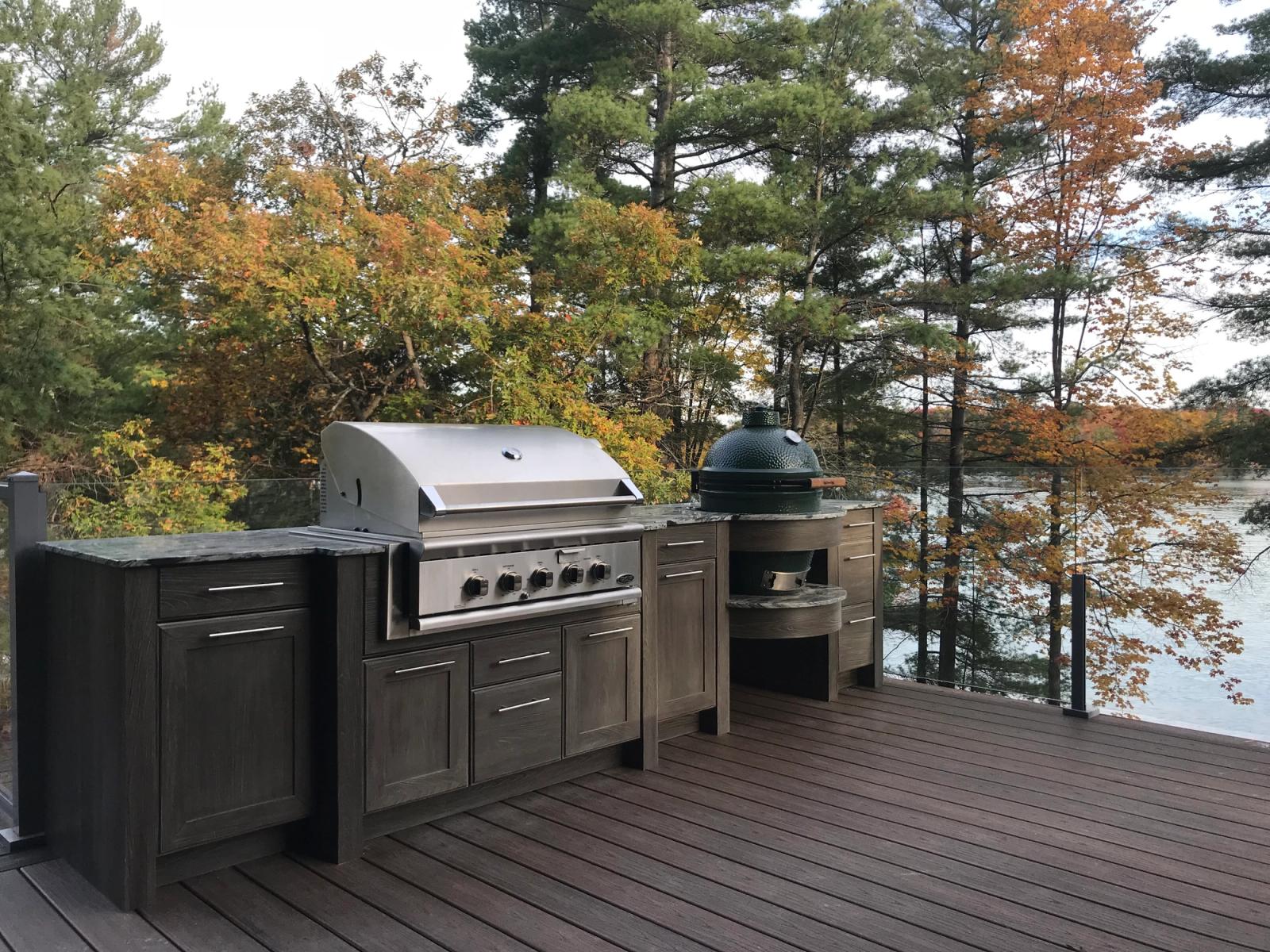 lakeside deck outdoor kitchen in shaker door with autumn setting
