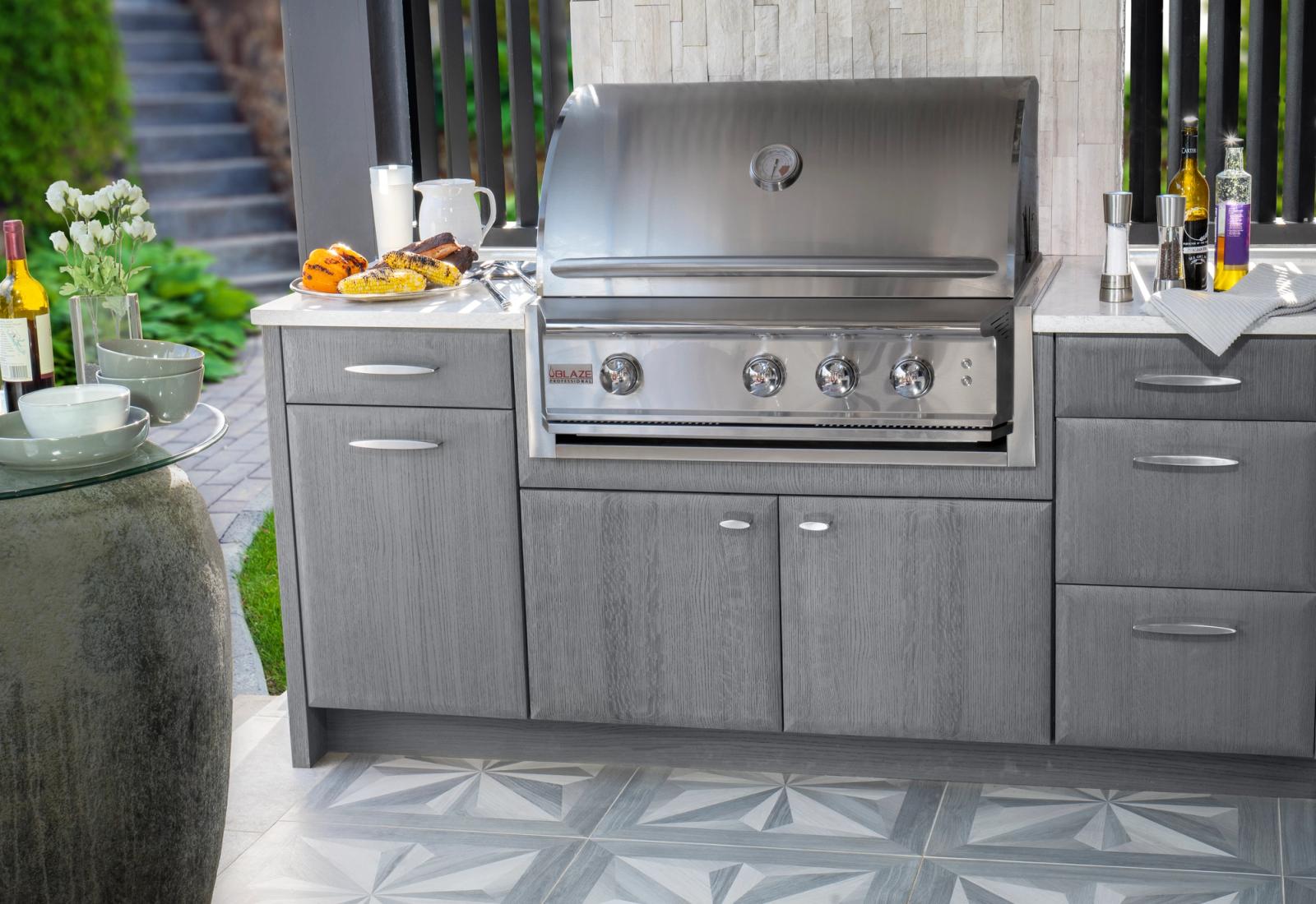 close up radium outdoor kitchen with pillow edge door