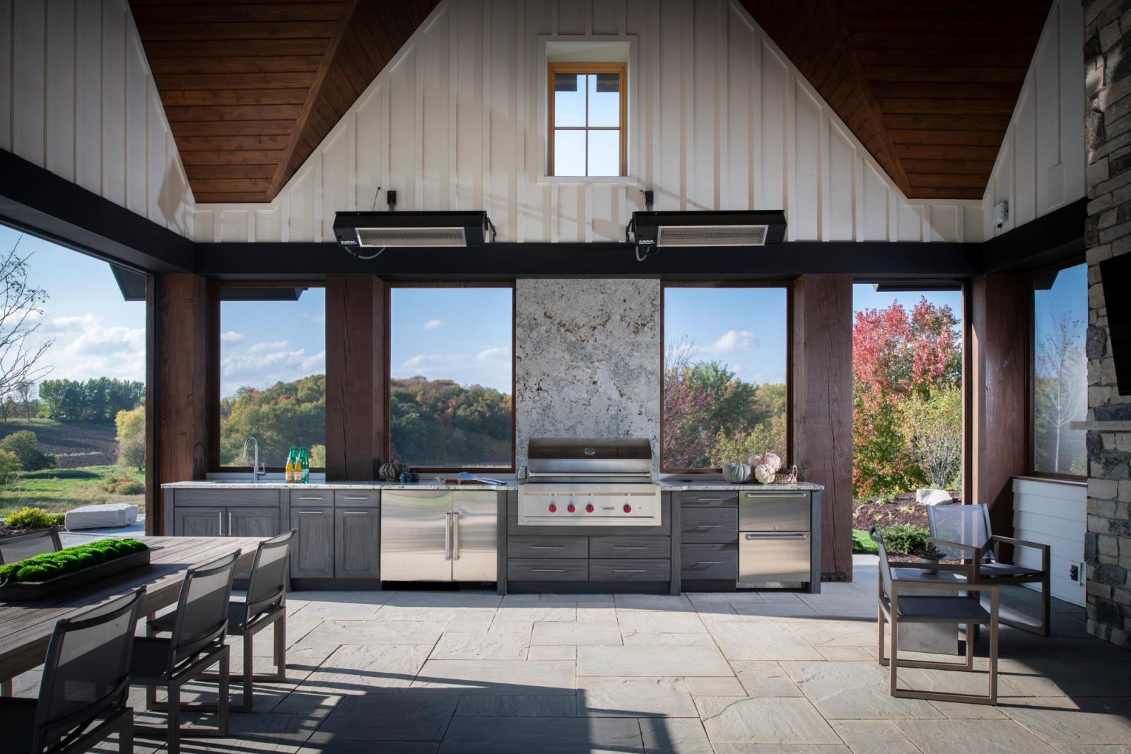 outdoor cabinet run in weathered grey finish with built in grill
