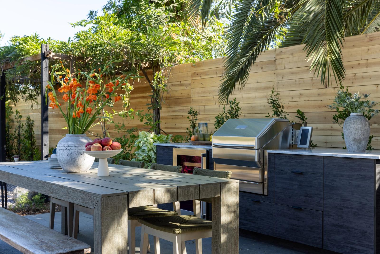 modern garden outdoor kitchen in california