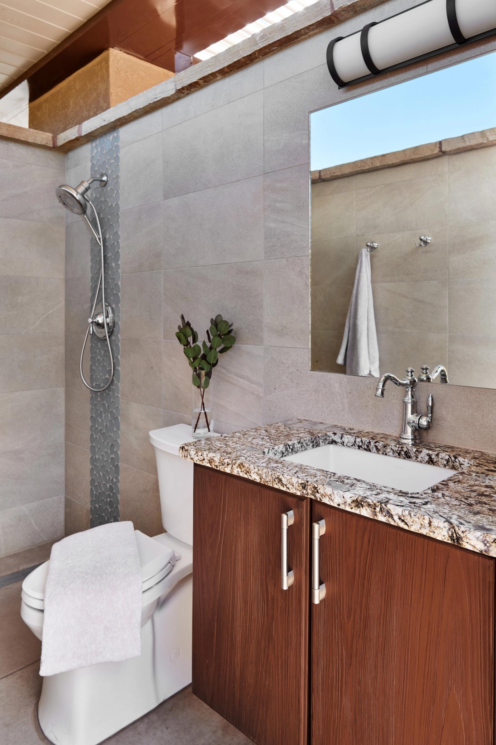 walnut-toned outdoor bathroom vanity cabinet