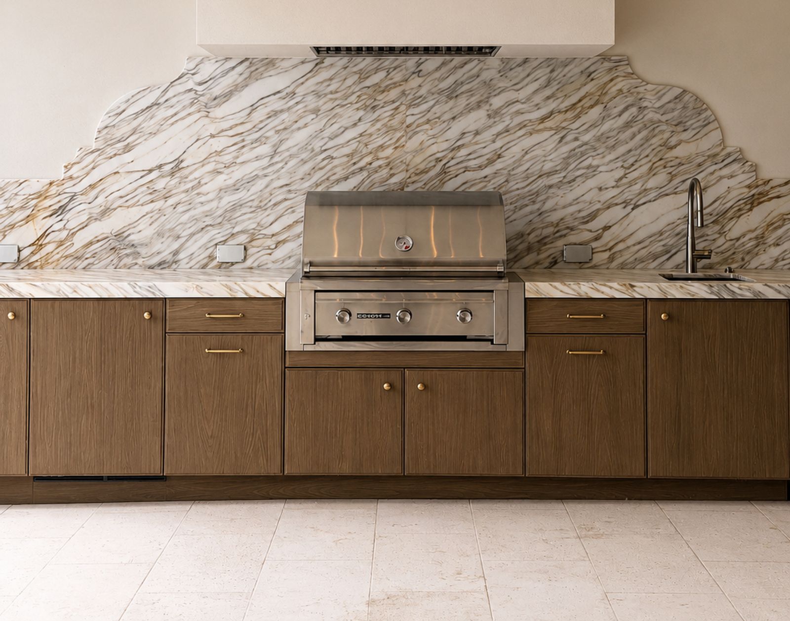 slab door outdoor kitchen in natural blonde finish