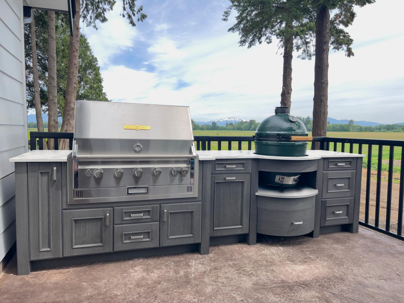outdoor kitchen with grill and smoker in pacific north west