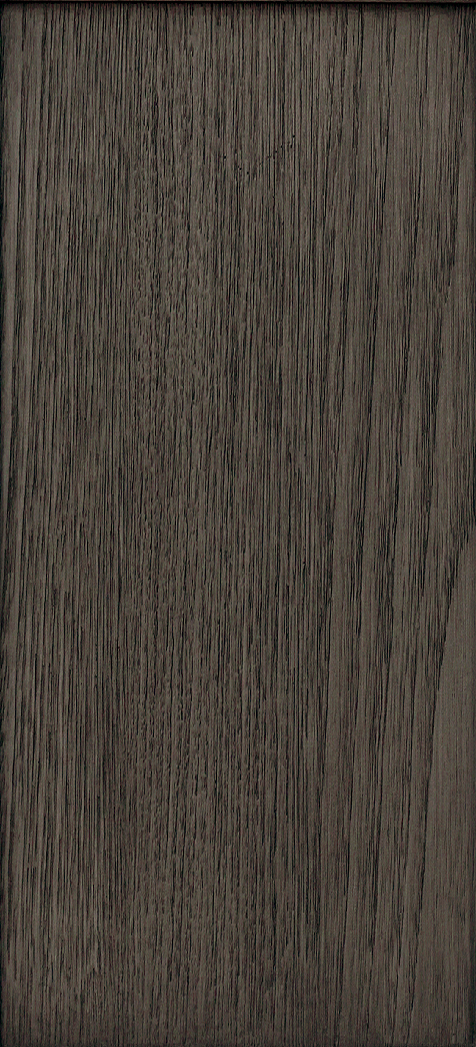 Cabinet door and drawer front with a raised centre panel in a weathered charcoal woodgrain finish