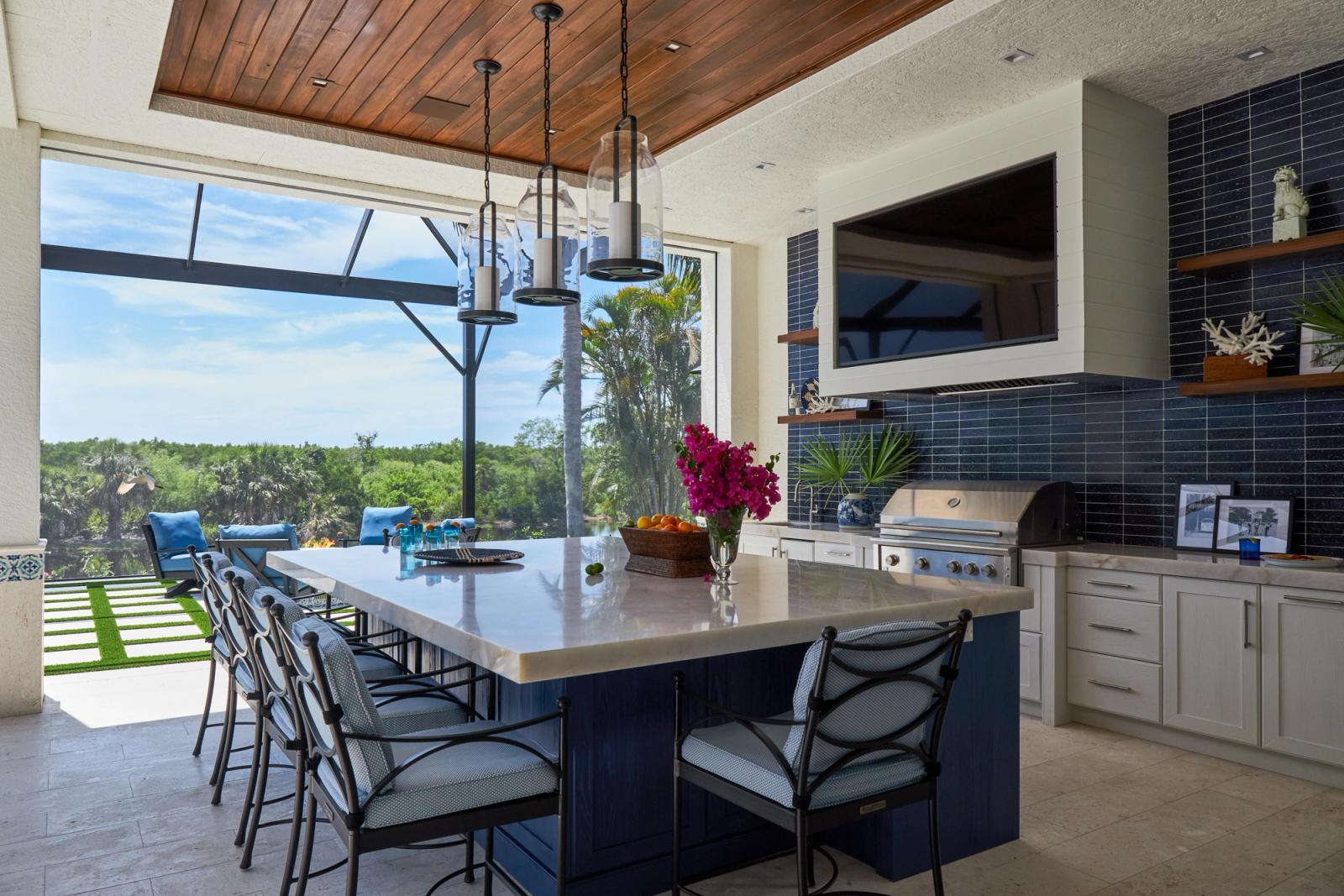 outdoor lanai kitchen blue white bar