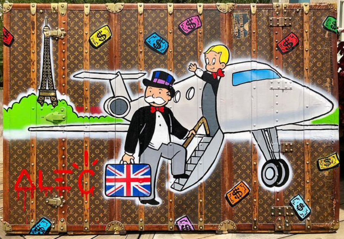 Alec Monopoly LV Trunk paining, Mr Monopoly and Richie Rich Jet to Europe, original, authentic Alec Monopoly painting at ArtLife Gallery