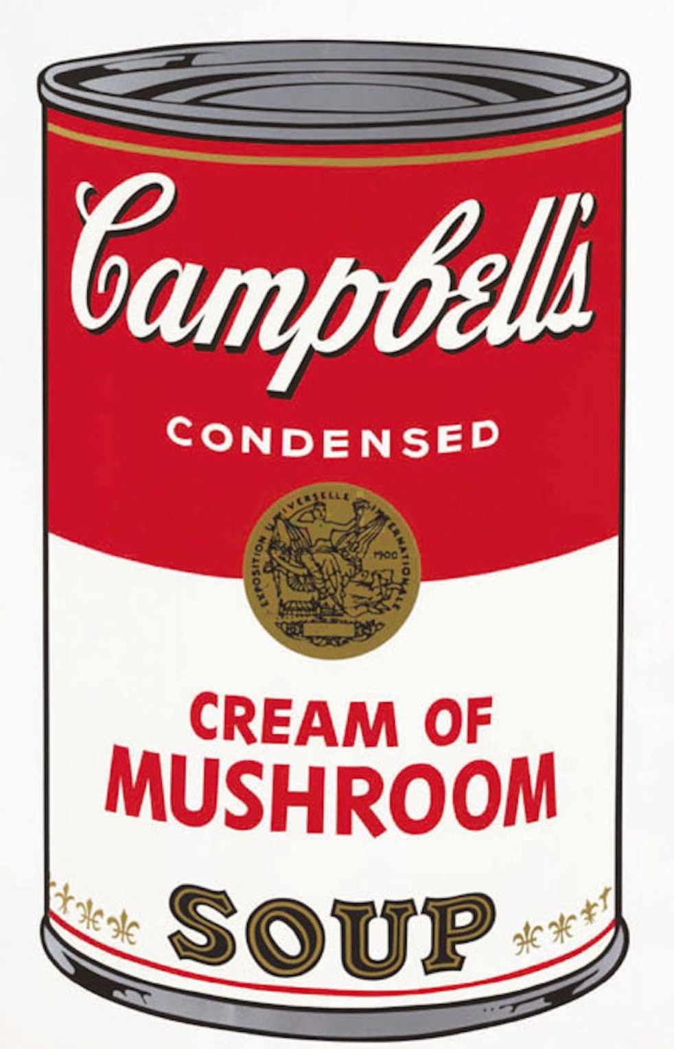 Cambells soup can title Cream of Mushroom Soup, top half red, lower half white, with gold circle seal in center, all outlines in black.  