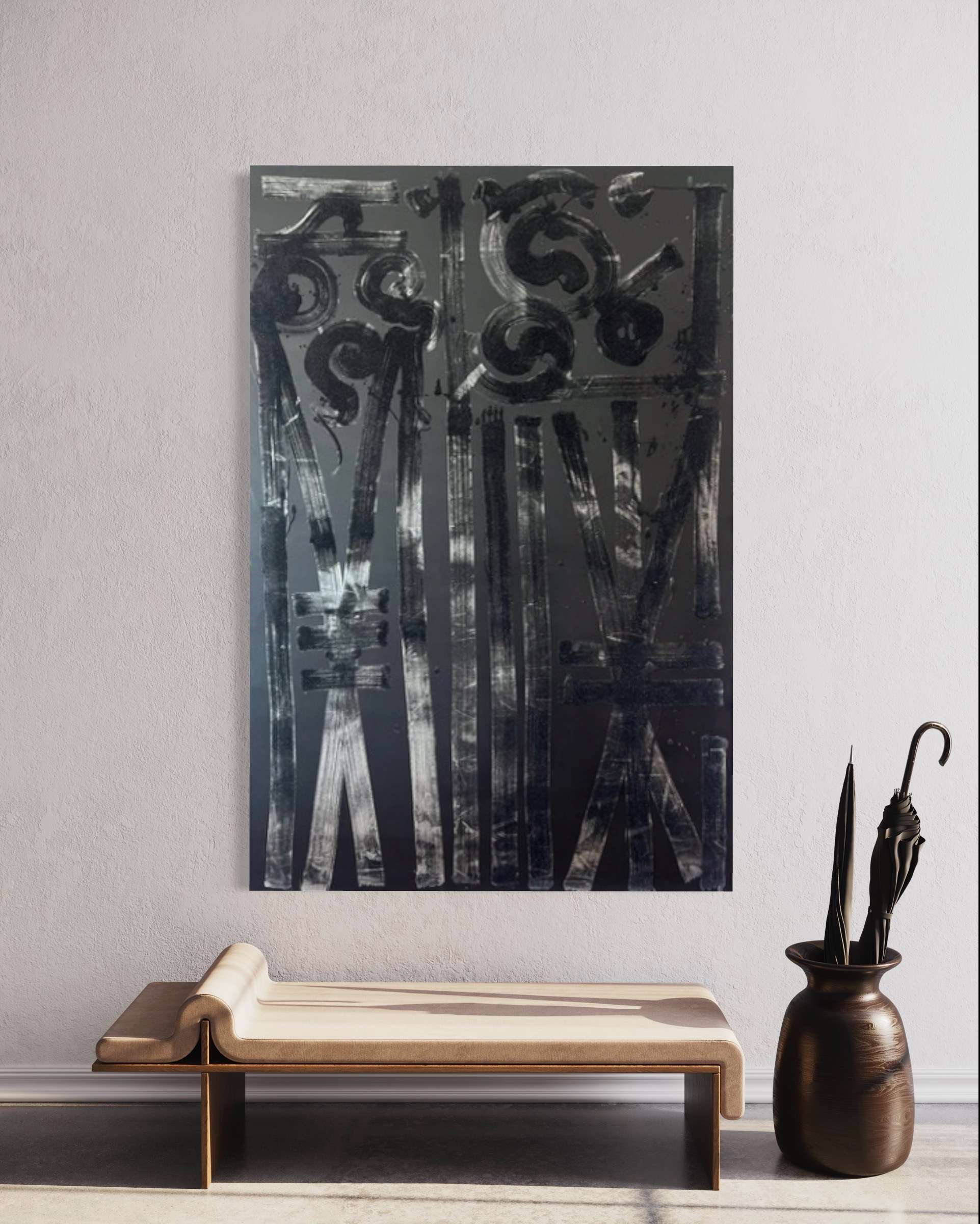 Black on Black Retna Painting on Off White Wall with Wooden Bench below and Metal Umbrella Holder