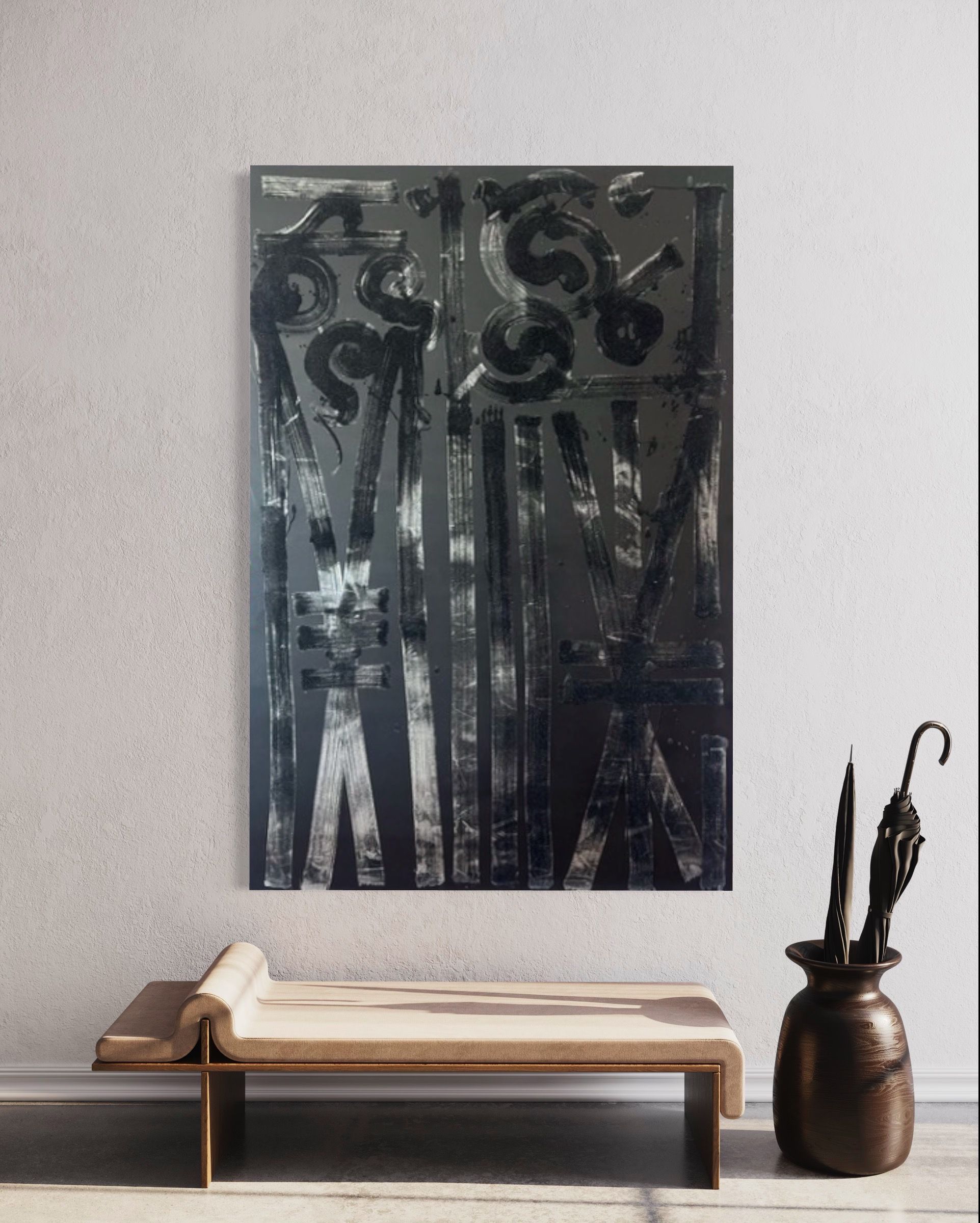 Black on Black Retna Painting on Off White Wall with Wooden Bench below and Metal Umbrella Holder  