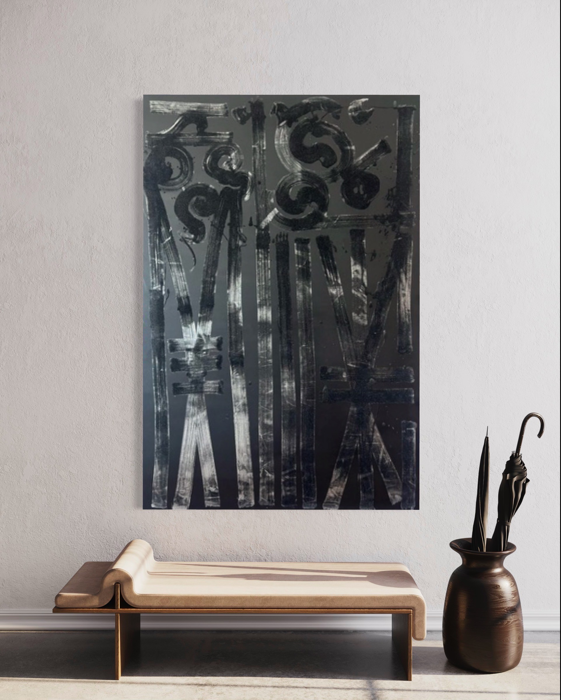 Black on Black Retna Painting on Off White Wall with Wooden Bench below and Metal Umbrella Holder