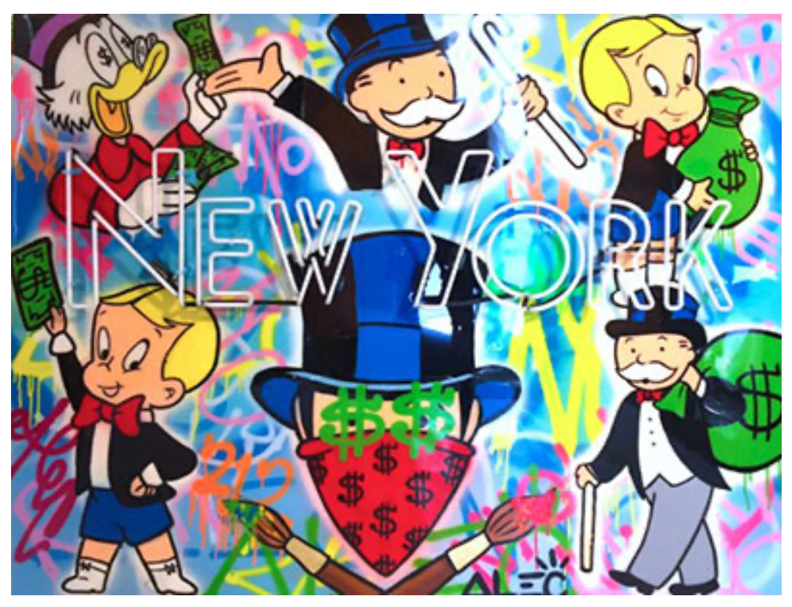 Alec Monopoly New York State of Mind original Neon painting, Alec Monopoly mask and money bags Available now at ArtLife Gallery Miami