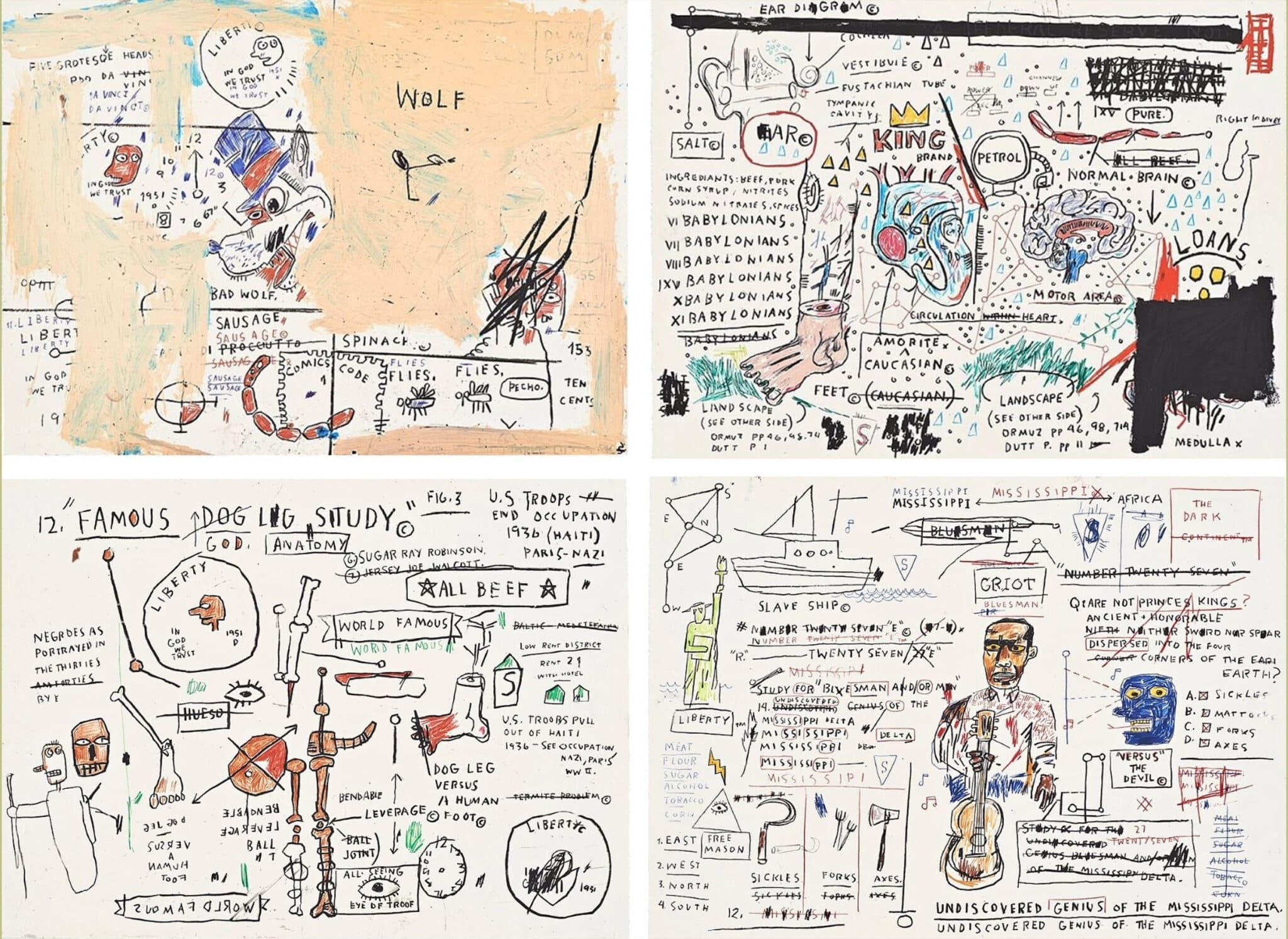 Wolf Sausage, King Brand, Dog Leg Study, and Undiscovered Genius (Portfolio of 4) by Jean-Michel Basquiat