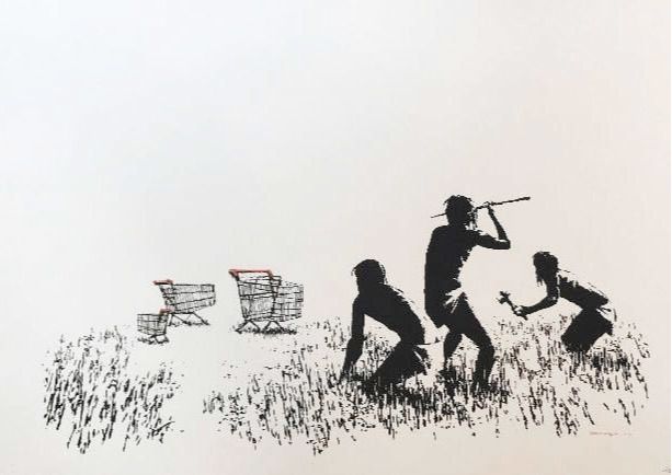 Trolley Hunters (B&W) by Banksy