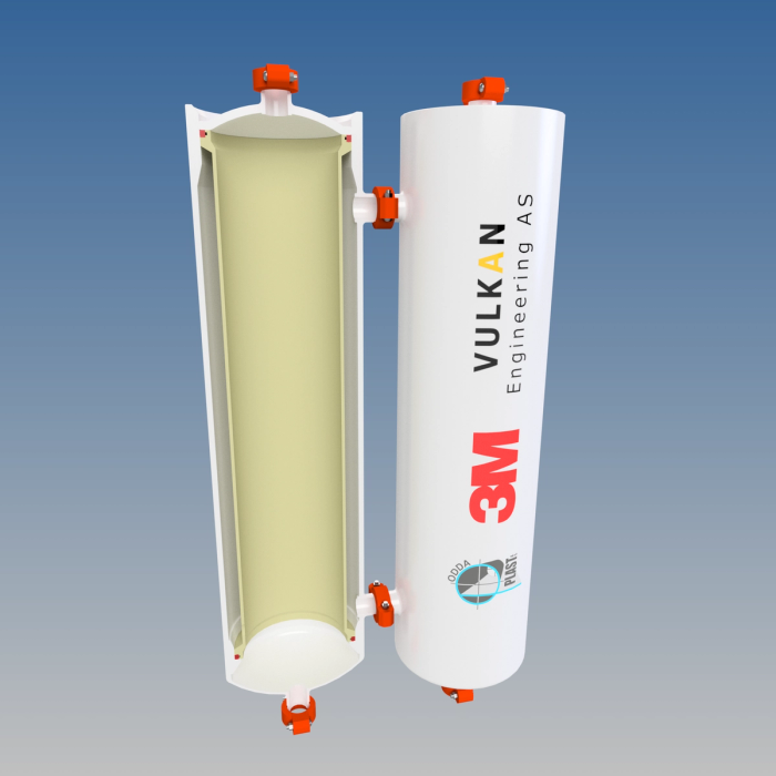 Two white filter housings branded Vulkan Engineering and 3M, one cut open to show the yellow membrane element inside, both closed by orange clamps.