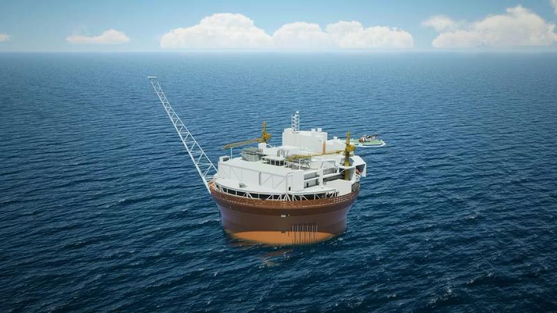 Rendering of the Wisting production vessel — a rounded hull carrying a crane and process deck — alone on calm blue sea.