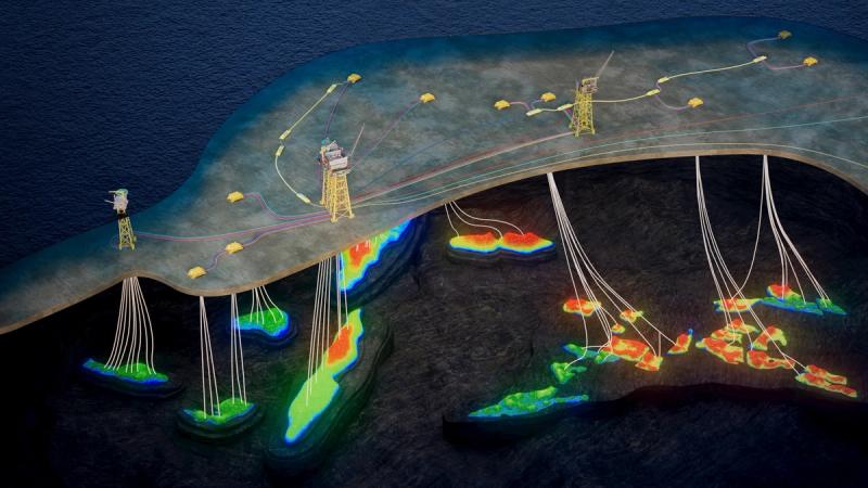 Cutaway illustration of the Yggdrasil area: three platforms on the surface, with wells fanning down to reservoirs drawn as heat-mapped shapes inside the seabed.