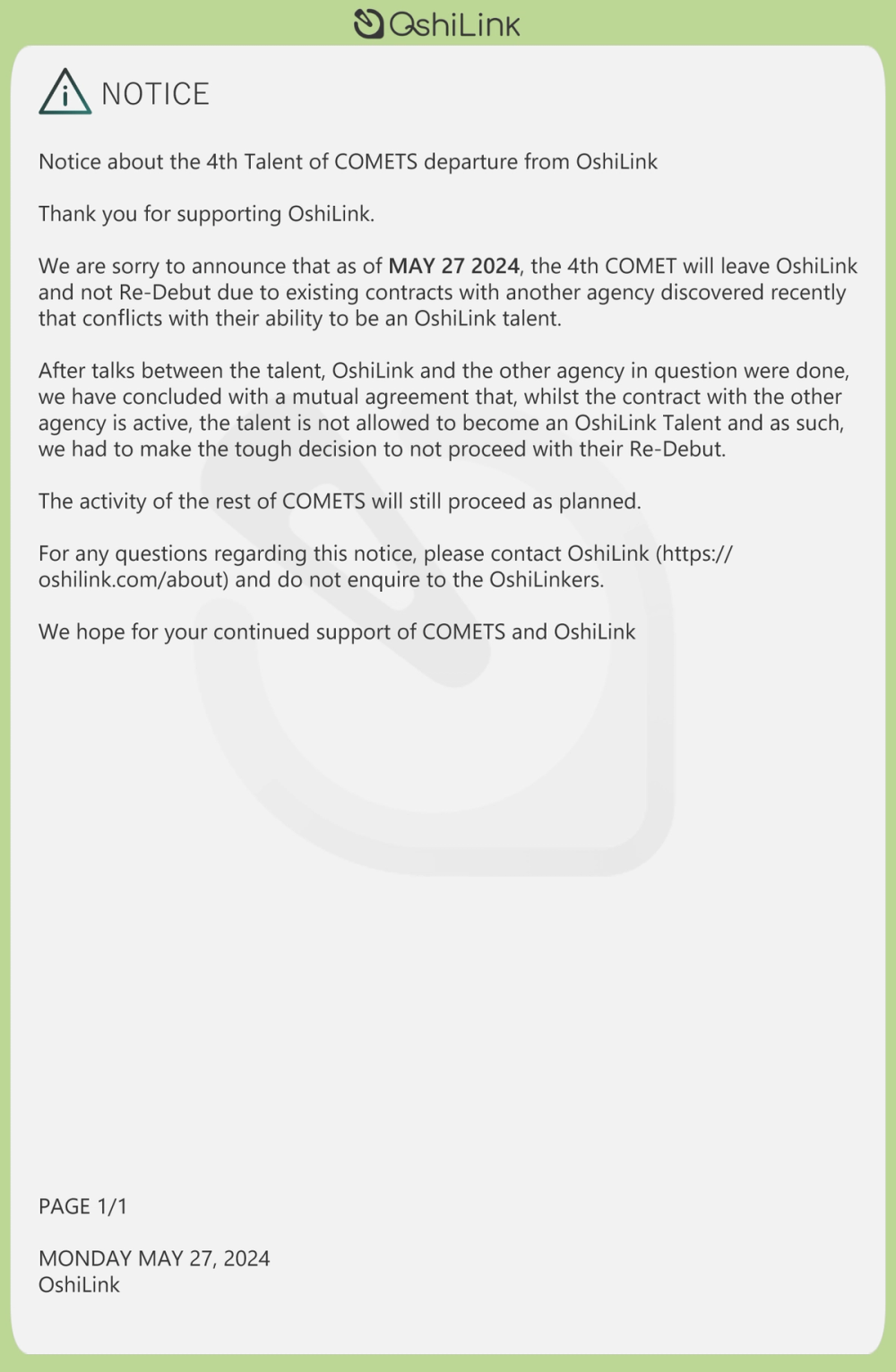 Departure of 4th Comets