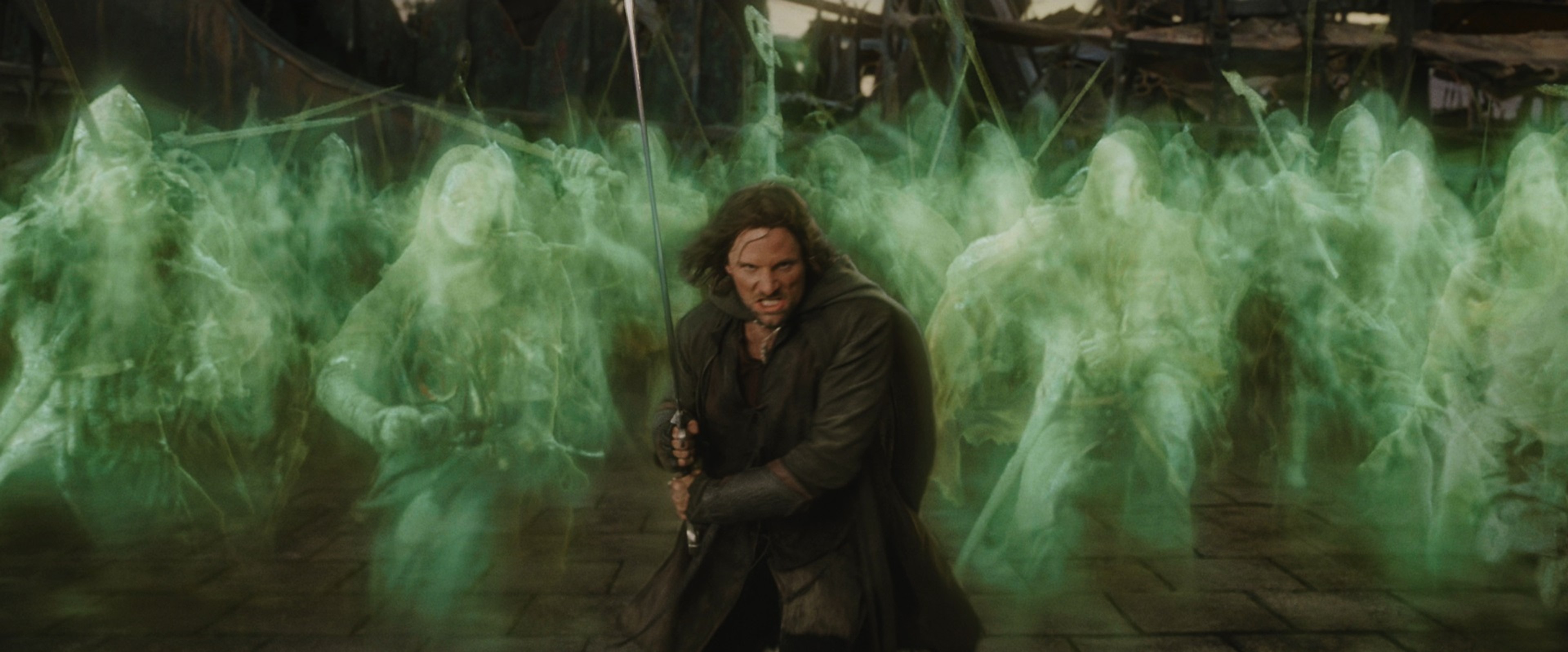 Aragorn leading the charge with the dead army behind him