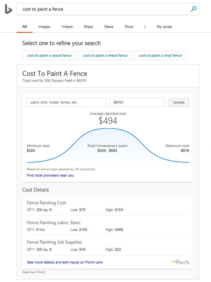 Bing has also added a "Home Services" feature allowing you to see the typical price range for service - the screenshot shows an example for "cost to paint a fence"
