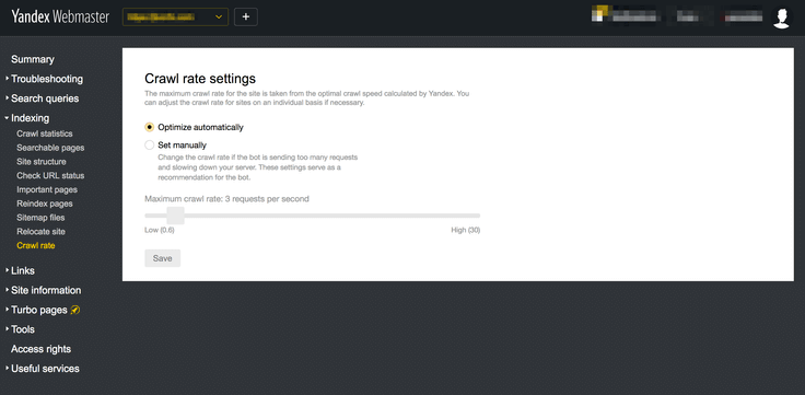 Yandex Crawl Rate Settings for implementing a crawl delay within Yandex Webmaster Tools
