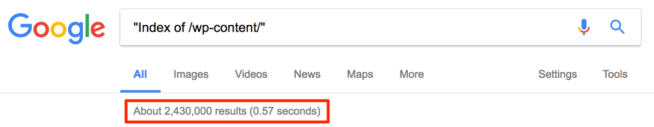 Screenshot showing what is in Google's index of the wordpress /wp-content/ folder.