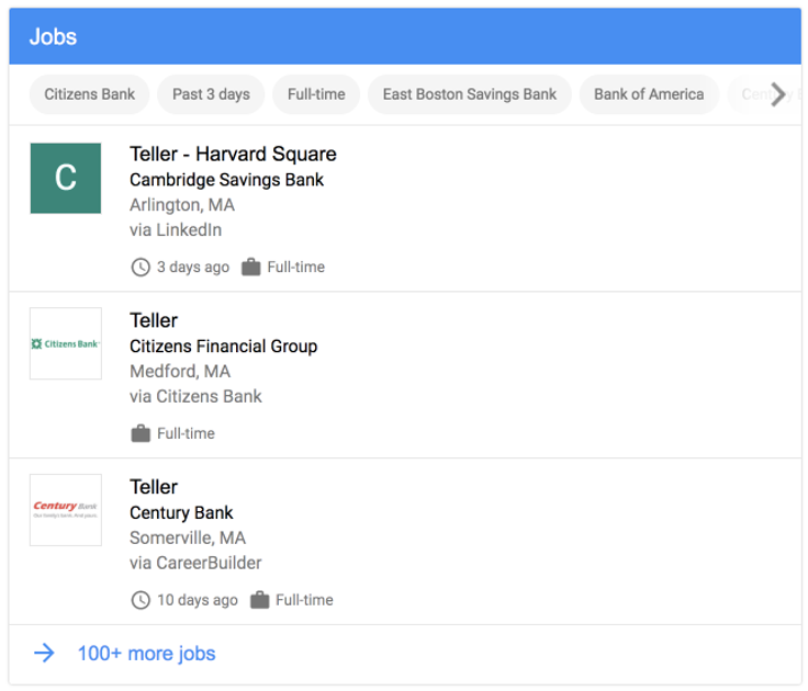 Screenshot of Googles Job Postings feature in the SERPS