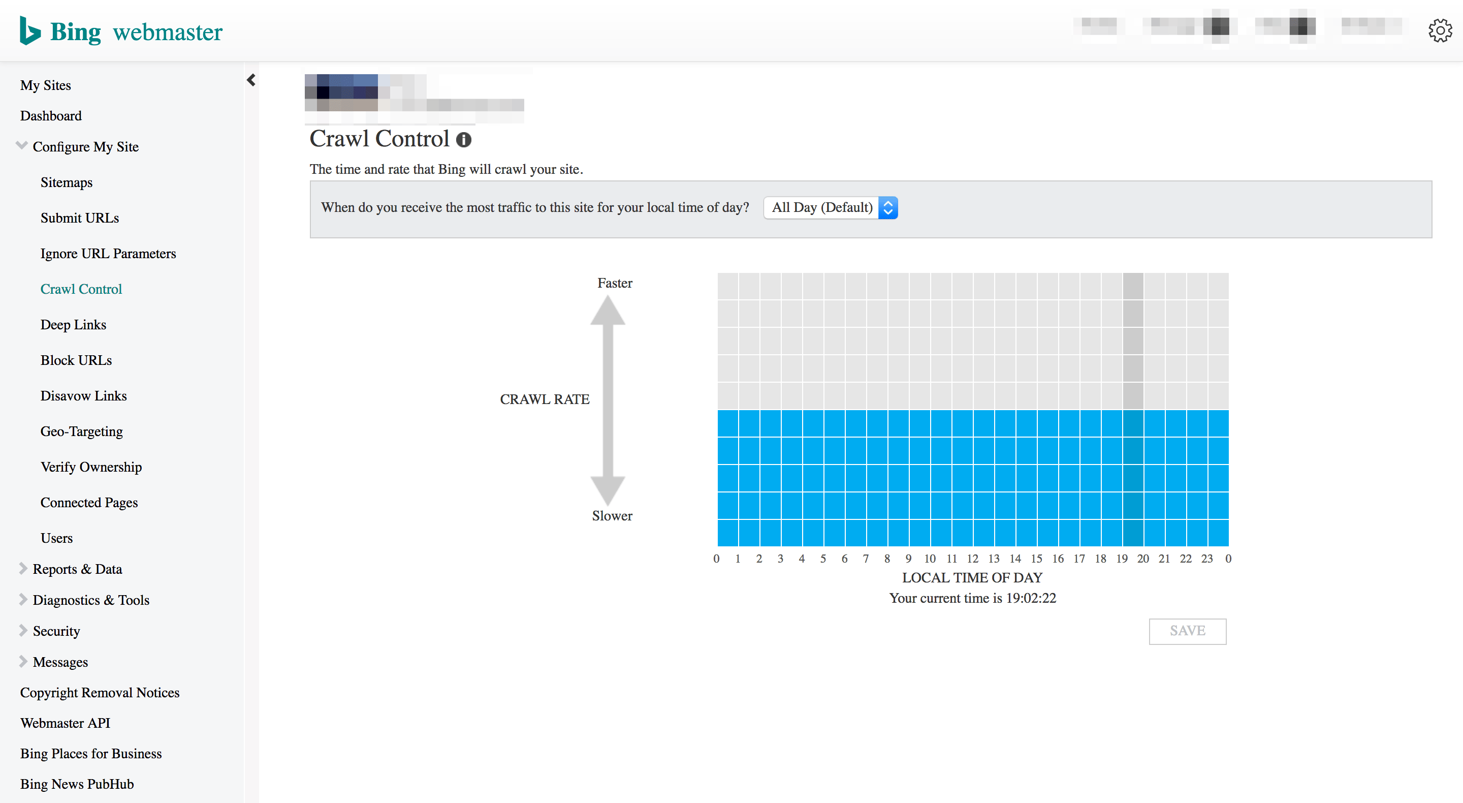Bing Crawl Control settings from within Bing webmaster tools