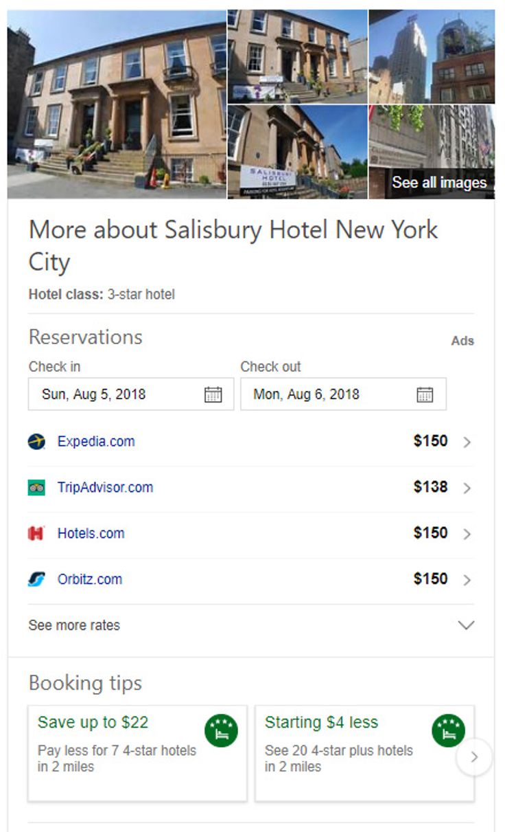 Bings Hotel bookings panel allowing users to get price comparisons direct in the SERP