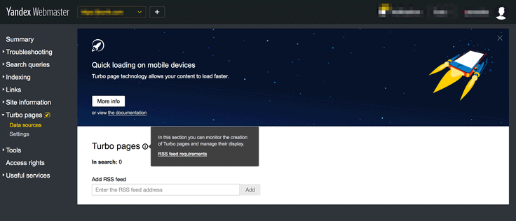 Yandex Turbo pages  in Yandex Webmaster Tools