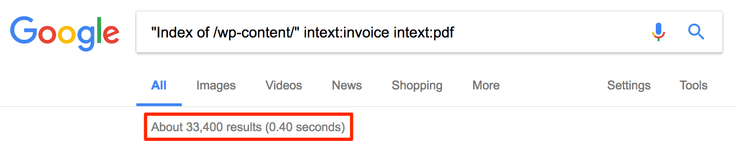 Screenshot of what is indexed by Google in relation to the /wp-content/ folder and includes the text "invoice" and is a PDF - therefore signifying what invoices Google has indexed from this folder across Wordpress installs.