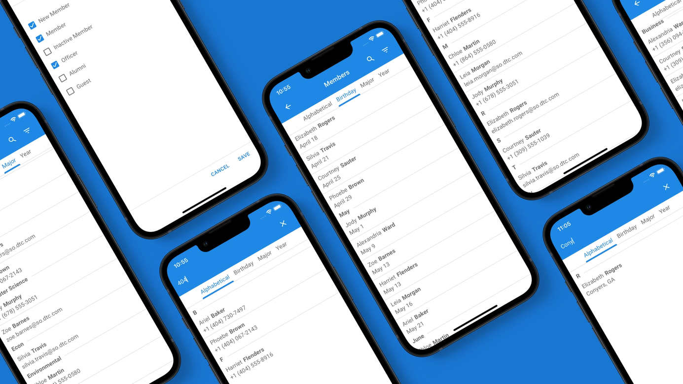 Search, filter, and sort for members and save contacts to your device