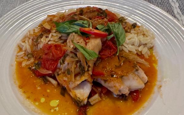 Sicilian Sablefish with Fresh Tomatoes, White Wine & Basil