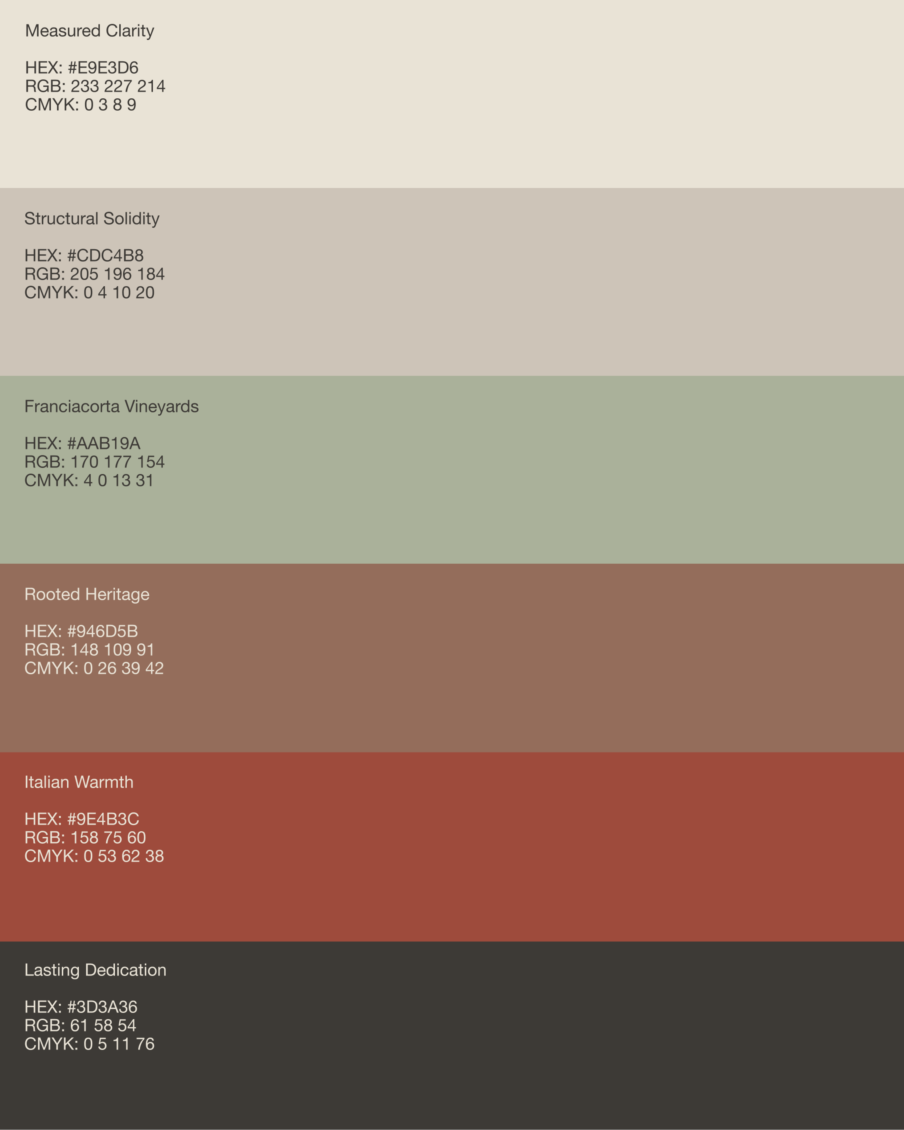 Mondini Studio colour palette: Measured Clarity, Structural Solidity, Franciacorta Vineyards, Rooted Heritage, Italian Warmth and Lasting Dedication